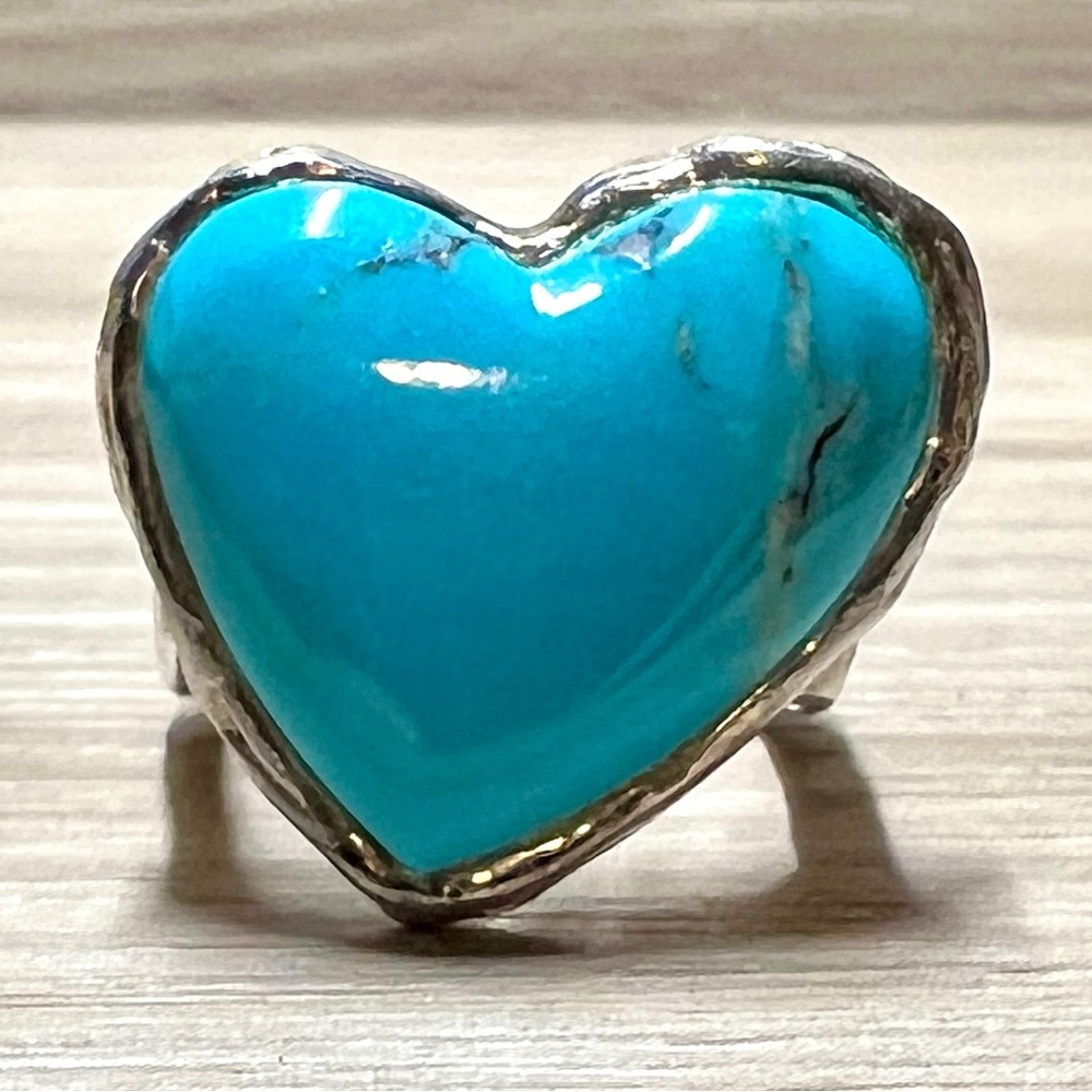 Designer Peyote Bird Square Sterling Silver Turquoise Heart Ring, Size 4.5 - Picture 2 of 10